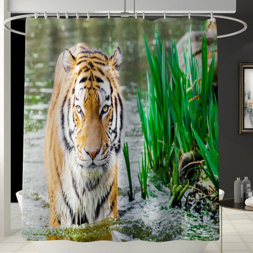 Honana 4PCS Bathroom Waterproof Shower Curtain Animal Tiger Pattern Bath Mat Toilet Seat Cover Pedestal Rug Bathroom Decor