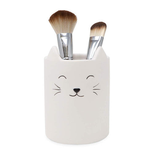 Isaac Jacobs White Ceramic Cat Makeup Brush Holder, Multi-Purpose Cup Organizer. Bathroom, Kitchen, Bedroom, Office Décor (Single Cup, Pastel White)