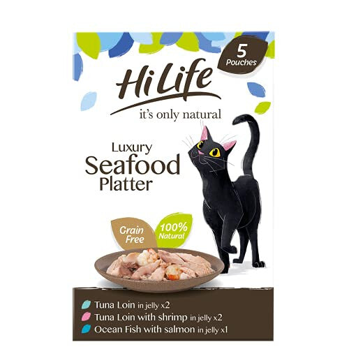 it's only natural - Wet Cat Food - Luxury Seafood Platter in Jelly Tuna Loin Salmon Shrimps - 100% Natural Grain Free, 20 Pouches x 50g