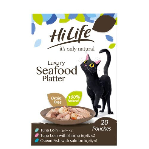 it's only natural - Wet Cat Food - Luxury Seafood Platter in Jelly Tuna Loin Salmon Shrimps - 100% Natural Grain Free, 20 Pouches x 50g