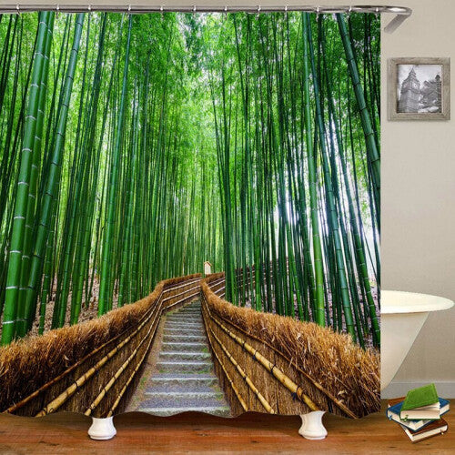 (J, 180x180cm) 12 Hooks Waterproof Bamboo Waterfall Pattern Mildewproof Bath Curtain Shower Curtains