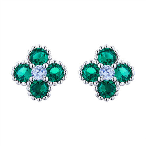 Jewelco London Rhodium Silver Green Round Brilliant CZ Bead Edge Clover Cluster Stud Earrings - AES230G