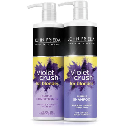 John Frieda Violet Crush Neutralising + Tone Correcting Shampoo + Conditioner Set 2 x 500ml Removes Brassy Tones with Crushed Violet Pigments Large