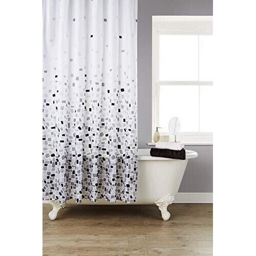 KAV Vibrant Mosaic Grey Extra Wide (200cm) Shower Curtain On A White Background Including 12 Shower Curtain Hooks (200cm Width x 180cm Drop)