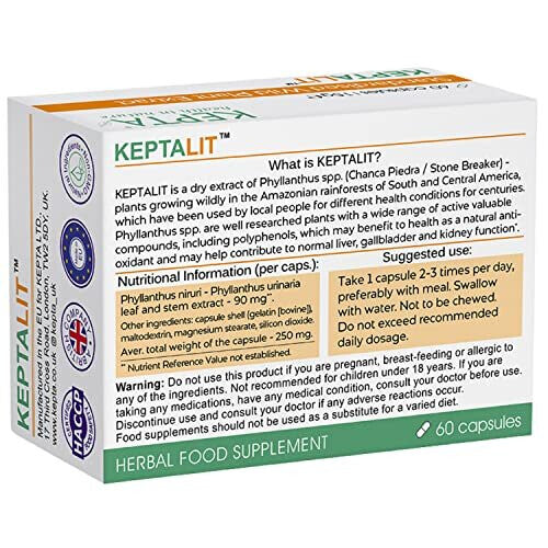 KEPTALIT Natural Liver and Kidney Support Stone Breaker Extract Kidney Cleanse Herbal Supplement Source of Polyphenols - Pack of 60 Capsules