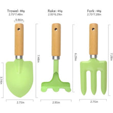 Kids Gardening Tool 3 piece Set Metal, Childrens Gardening Set including trowel,fork and rake with wooden handle, Beach Childs tool Set(green)