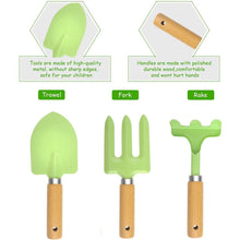 Kids Gardening Tool 3 piece Set Metal, Childrens Gardening Set including trowel,fork and rake with wooden handle, Beach Childs tool Set(green)