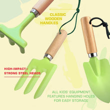 Kids Gardening Tool 3 piece Set Metal, Childrens Gardening Set including trowel,fork and rake with wooden handle, Beach Childs tool Set(green)