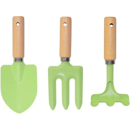 Kids Gardening Tool 3 piece Set Metal, Childrens Gardening Set including trowel,fork and rake with wooden handle, Beach Childs tool Set(green)