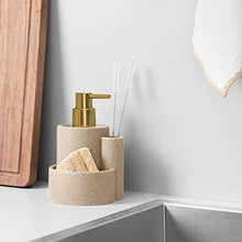 Kitchen Soap Dispenser Caddy - Washing Up Liquid Dispenser with Sponge Tray and Brush Holder - Refillable Pump for Countertop - Beige/Brass