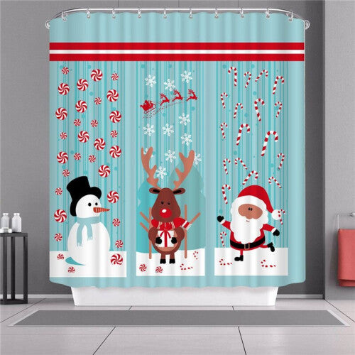 (Light Blue, 150x180cm) Christmas Shower Curtain With Hook Waterproof Fabric Bathroom Santa Claus Xmas