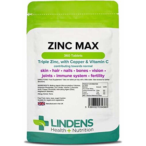 Lindens Zinc Max Tablets | 360 Pack | Provides 300% NRV dose and Fortified with Vitamin C & Copper to contribute Towards Healthy Hair, Skin, Nails,...