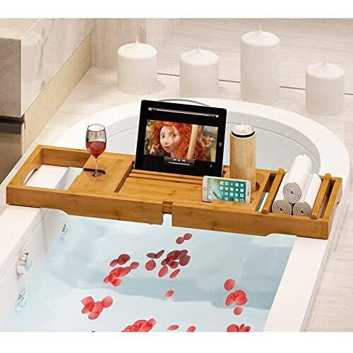 Luxury Bamboo Bathtub Caddy Bath Tub Tray with Extending Sides Built in Book Tablet iPad Holder Cellphone Soap Tray & Wineglass Holder