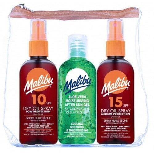 Malibu SPF15 + SPF10 Dry Oil Spray + After Sun 100ml Travel Bag - 3 x 100ml