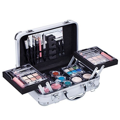 Maúve Carry All Trunk Train Case with Makeup and Reusable Black & White Aluminum Case (WHITE)