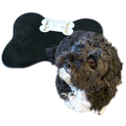 (Medium, Black) Bone Shaped Pet Feeding Mat NonSlip Dog Cat Bed