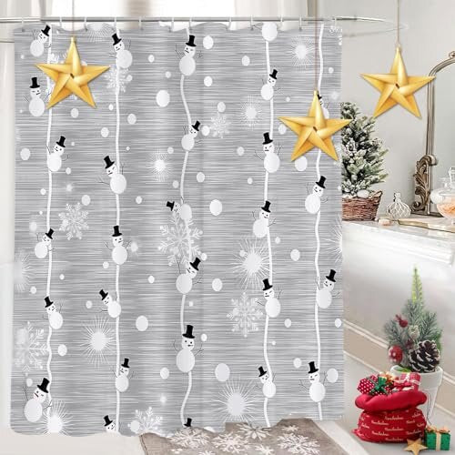 Merry Christmas Shower Curtain, Snowman and Snowflake on Grey Background Digital Print, Fabric Bathroom Decor with Hooks, 180x180