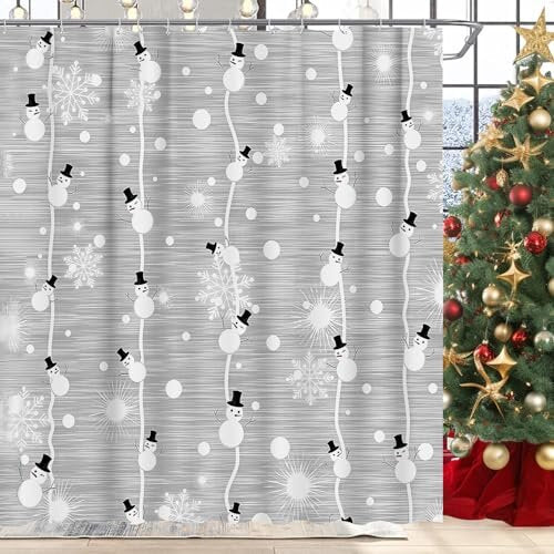 Merry Christmas Shower Curtain, Snowman and Snowflake on Grey Background Digital Print, Fabric Bathroom Decor with Hooks, 180x180