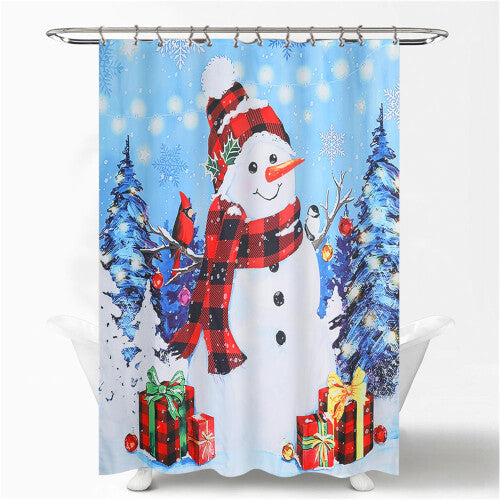 Moslovstar Cute Winter Snowman Shower Curtain Red Black Buffalo Plaid Outfit Snowman Snow Pine Trees Waterproof Bathroom Curtain