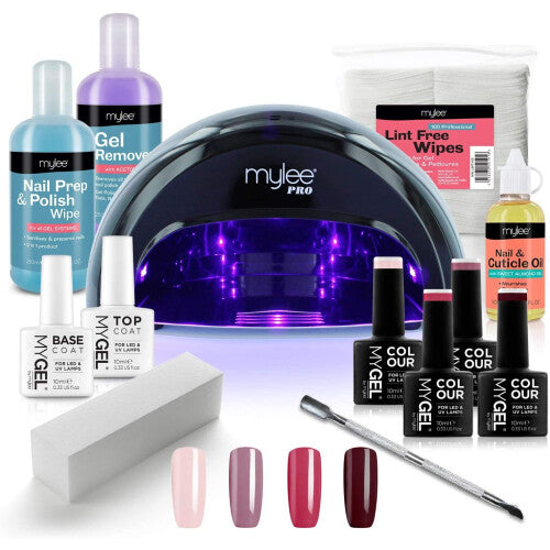 Mylee Complete Professional Gel Nail Polish LED Lamp Kit, 4x MyGEL Colours, Top & Base Coat, Mylee PRO Salon Series Convex Curing® LED Lamp, Prep &