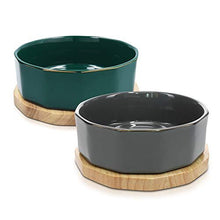 Navaris Ceramic Dog Bowl - Set of 2 800ml Water or Food Bowls for Pet Dogs and Cats with Non Slip Oak Wood Underlay - Ceramic Bowls - Grey, Petro