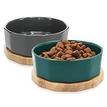 Navaris Ceramic Dog Bowl - Set of 2 800ml Water or Food Bowls for Pet Dogs and Cats with Non Slip Oak Wood Underlay - Ceramic Bowls - Grey, Petro