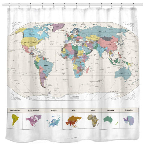 New! Map of The World with Detailed Major Cities. PVC Free  Non-Toxic and Odorless Water Repellent Fabric Shower Curtains - Large Home Decor Wall Map