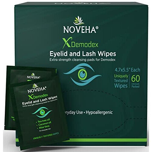 NOVEHA Demodex Eyelid & Lash Wipes | Box Of 60 Individually Wrapped Extra Strength Cleansing Eyelash Wipes - Battle Itchy & Irritated Eyes associated