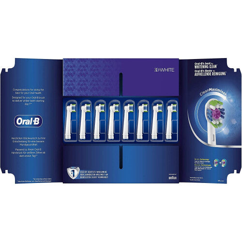 Oral-B 3D White Replacement Toothbrush Head with CleanMaximiser Technology, Pack of 8 Counts, Mailbox Sized Pack