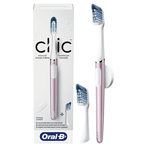 Oral-B Clic Manual Toothbrush (Rose) with 2 Replaceable Brush Heads and Magnetic Brush Mount