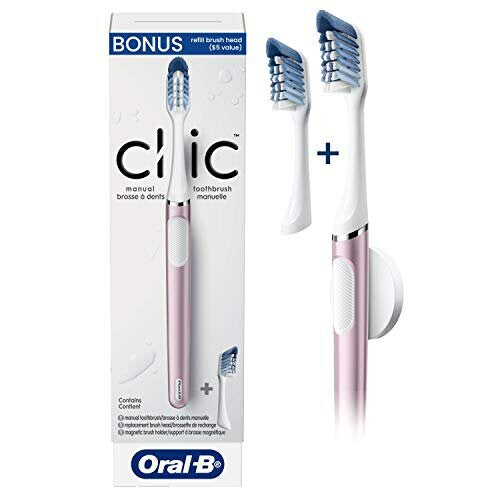 Oral-B Clic Manual Toothbrush (Rose) with 2 Replaceable Brush Heads and Magnetic Brush Mount