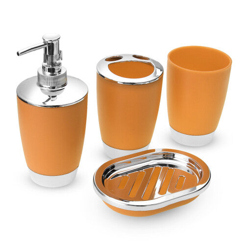 (Orange) 4Pcs Plastic Bathroom Set Cup Toothbrush Holder Soap Dish Dispenser Bottle Washroom Accessories