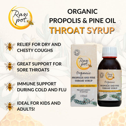 Organic Propolis and Pine Throat Syrup | 100% Pure Raw Bee Propolis Extract & Pine Oil - Soothing Relief for Coughs and Sore Throats – Flu & Cold