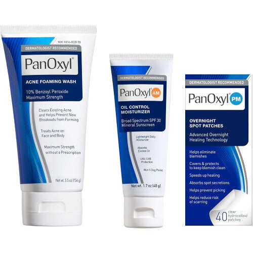 PanOxyl 10% Benzoyl Peroxide Acne Foaming Face Wash, Oil Control Moisturizer & Overnight Spot Patches | Acne Treatmet|Oil & Shine Control|SkinCare Set