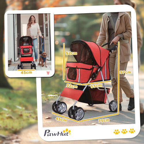 PawHut Pet Stroller Carrier Foldable Deluxe Jogger Walk Travel Dog Cat Red