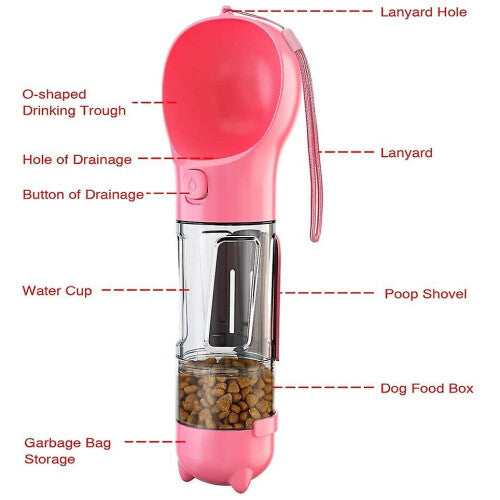 (Pink, 300ml) Pet Dispensor With Food Storage Drinking Bowl Poop Bagand Shovel