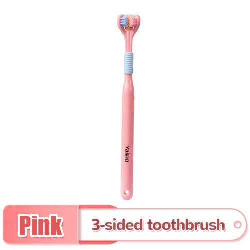 (Pink) 3D Stereo Three-Sided Toothbrush Ultra Fine Soft Hair Adult Toothbrush Tongue Scraper Deep Cleaning Health Oral Care Teeth Brush