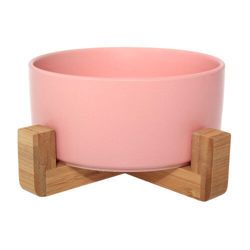 (Pink) Ceramic Bowl with Bamboo Stand for Dogs & Cats - 5 Colours Available