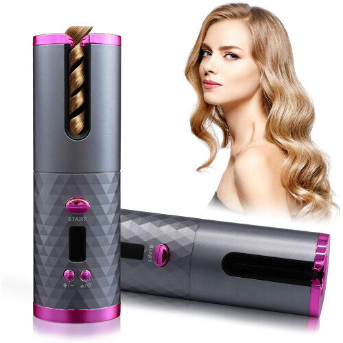 (Pink) Portable Wireless Auto-Rotating Hair Curling Wand