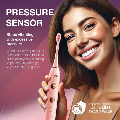 (Pink) Smart electric toothbrush with pressure sensor. 5 brushing modes and 3 intensity levels, 8 Soft nrush brush heads, premium travel case.