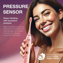 (Pink) Smart electric toothbrush with pressure sensor. 5 brushing modes and 3 intensity levels, 8 Soft nrush brush heads, premium travel case.