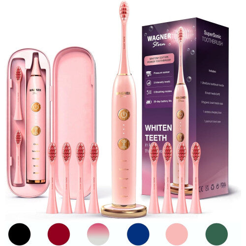 (Pink) Smart electric toothbrush with pressure sensor. 5 brushing modes and 3 intensity levels, 8 Soft nrush brush heads, premium travel case.