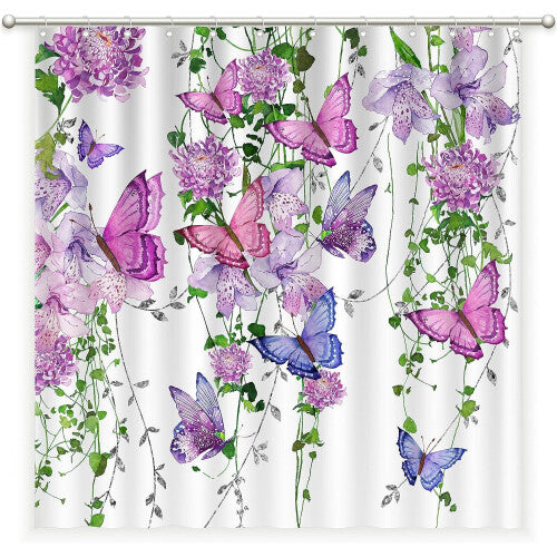 Purple Shower Curtain Butterfly Shower Curtains for Bathroom, Summer Shower Curtain Lavender Lilac Pink Floral Shower Curtain with 12 Hooks,72X72''