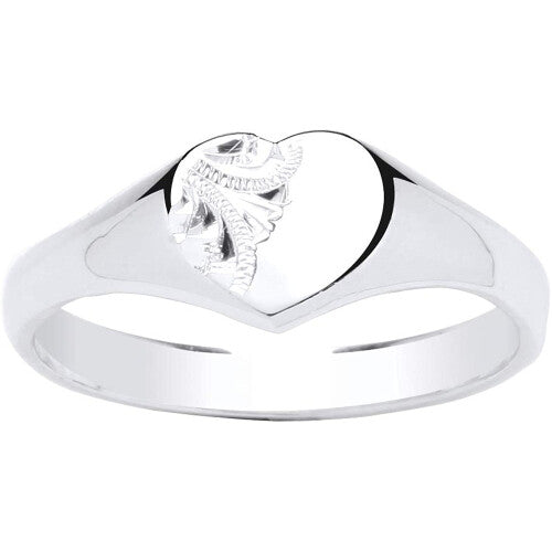 (Q) Silver Heart Signet Ring Ladies Engraved Detail 925 Hallmark