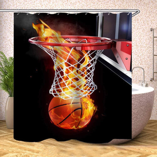 (Q) Sonernt Basketball Ball on Fire and Water Flame Shower Curtain 72x72inch Bathroom Decor Set with Hooks