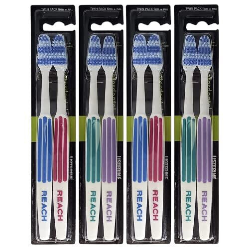 REACH Essential Care Interdental Firm Toothbrush, Duo Pack x 4, Full Head Hard Bristle Manual Toothbrushes, Variety Colors Multipack, Daily Oral