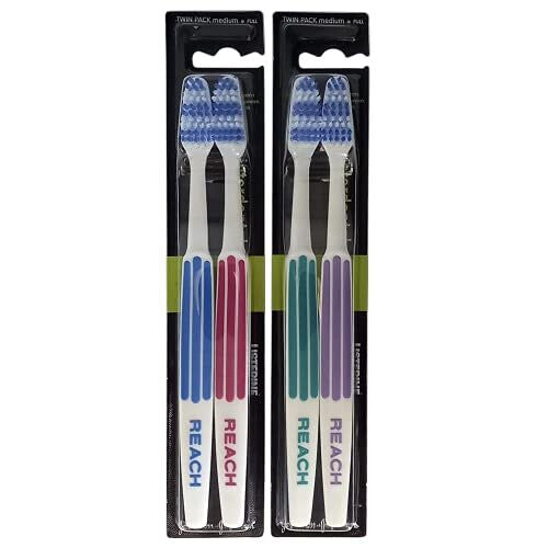 REACH Essential Care Interdental Medium Toothbrush, Duo Pack x 2, Full Head Hard Bristle Manual Toothbrushes, Variety Colors Multipack, Daily Oral