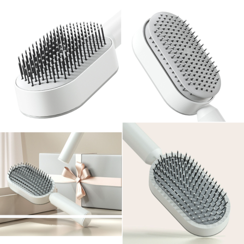 (Red, 3) One-Press Self Cleaning Hair Brush Standing Base Women