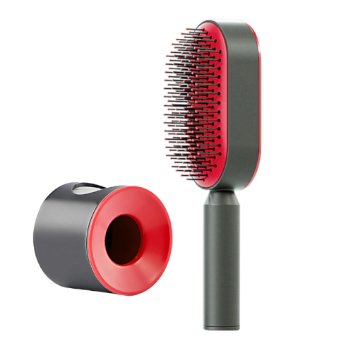 (Red, 3) One-Press Self Cleaning Hair Brush Standing Base Women