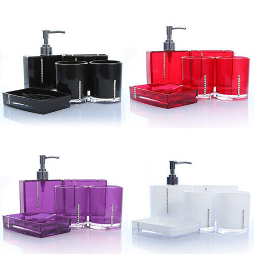 (Red) 5Pcs Bathroom Accessories Set Cup Toothbrush Holder Soap Dish Dispenser Bottle Washroom Accessories